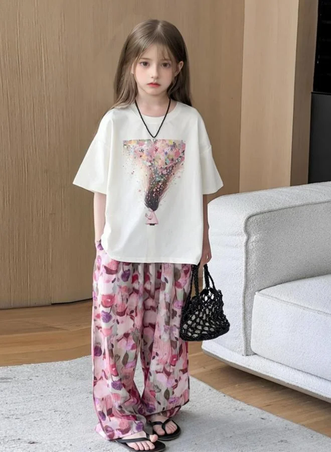 Take Two Girls Graphic Print T-Shirt and Wide Leg Pants Set